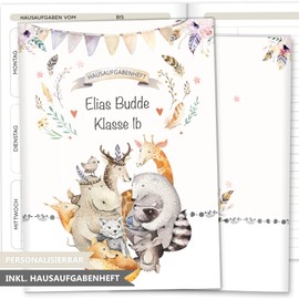 Olgs Homework Book Cover, Boho, Friends, Rabbit, Deer, Elephant, Raccoon, Turtle, Rhino, Protective Cover, Customisable