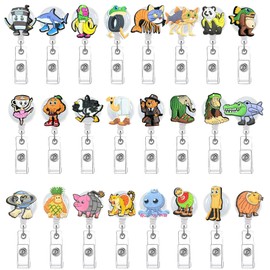 Italian Brainrot Retractable Badge Reels, 24 Pack — Cartoon ID Badge Holders with Alligator Clip & Clear Snap Strap, Reel Clips for Name Tags & Key Cards, Assorted Multicolor Designs