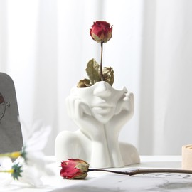 Romehaha Face Vase, Ceramic Body Vase, Desk Decoration, Flower Vase, Female Shape, Ideal Shelf, Modern White Flower Vase, Table Decoration, Living Room, Office, Cafe, Small Vase Decoration (Small)