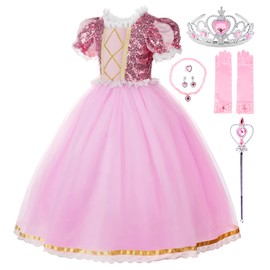 JerrisApparel - Disfraz de princesa para niñas, fiesta de cumpleaños, cosplay, vestido morado con accesorios (rosa con accesorios, 6)