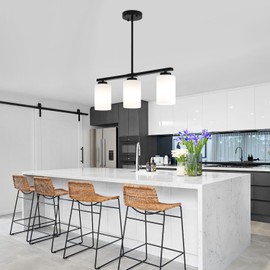21.25'' Kitchen Island Light Fixtures, 3-Light Modern Dining Room Light Fixture, Black Pendant Lights with Milk Glass Shade, Linear Chandelier over Dining Table Lighting with Adjustable Rod, UL Listed