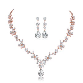 Shuxin Women’s Wedding Jewellery Set, Necklace, Earrings & Bracelet Sets, White Gold/Rose Gold-Plated Flower Jewellery Set with 5A White Cubic Zirconia, Non-Allergenic, for Bridesmaids, Cubic Zirconia
