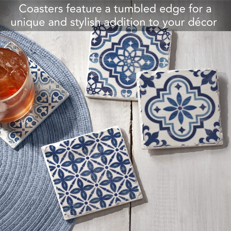 Thirstystone Blue & White Assorted Tumbled Tile Stone Coasters with