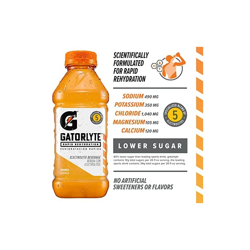 Gatorlyte Rapid Rehydration Electrolyte Beverage, Orange, 20oz Bottles (12 Pack)