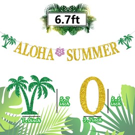 Hawaiian Aloha Summer Banner, Bunting Garlands for Hawaiian Tropical Luau Beach Summer Party Decorations Supplies, Favors Sign Photo Booth Props, Gold Glitter