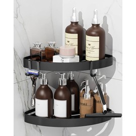 KeZaara Duschablage Ohne Bohren Ecke Schwarz- Rostschutz Duschregal Ecke und Shampoo Halterung für Dusche, Shower Shelf mit 4 Haken, Einfache Montage, 2 Stück Schwarz