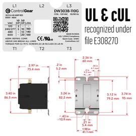 3 Pole, 30 Amp, 120V Coil, Definite Purpose Contactor, Line & Load Lugs, UL Recognized DP Contactor & UL Approved for use with A2L Refrigerants, Brand: CONTROLGEAR