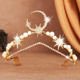 Reaky Star Headband, Gold Moon Headpiece, Pearl Headband, Rhinestone Bridal Wedding Hair Accessories for Women (Gold, One Size)