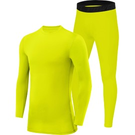 PowerLayer Skins for Boys Kids Base Layer Thermal Long Sleeve Top & Tights Football Compression Set - Lime Punch Top + Lime Punch Tights, 12-14 Years