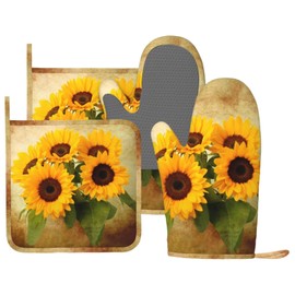 DONMYER Retro Sunflower Oven Mitts and Pot Holders 4 pcs Set Silicone Vintage Sunflowers Kitchen Oven Mitt Gloves Sunflowers Pot Holders Non-Slip Heat Resistant Cooking Mitts Set for Kitchen Grilling