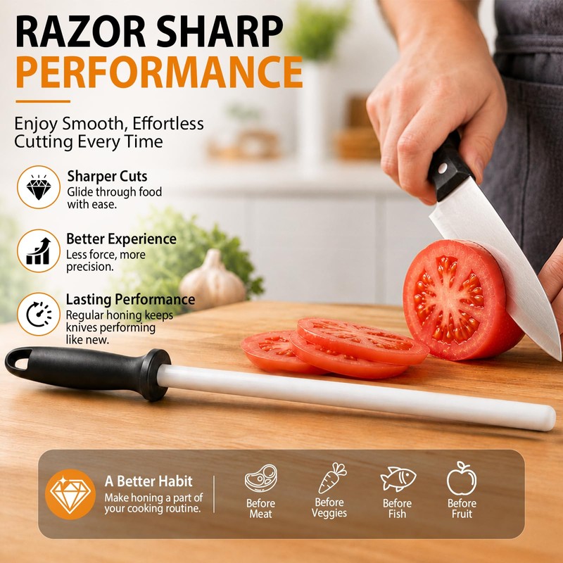 10-in Ceramic Honing Rod, 1200 Grit Knife Sharpener Rod for
