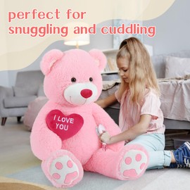 BENINY Red Heart Giant Teddy Bears, Big Teddy Bear Stuffed Animals with Embroidered I Love You for Girlfriend, Huge Valentines Fluffy Teddy Bear Birthday Gifts (Pink, 36 inches)