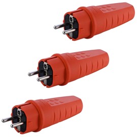 Rubber Power Plug 230 V, 16 A, IP44, Waterproof Plug, Shatterproof, Schuko Plug with Strain Relief, Protective Contact Plug with Kink Protection Sleeve for Outdoor Use, Orange, Pack of 3