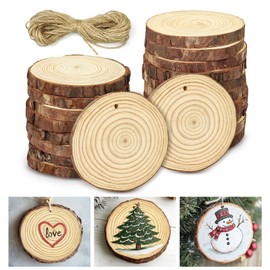 Catephe Unfinished Wood Slices for Crafts, 20 Pack Round Wooden Discs with Tree Bark, 3.5-4 inches Christmas Wood Ornaments Wood Disc Coasters with 32Ft Twine String for Christmas Decoration