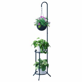 2-tier Hanging Plant Stand, Space-Saving Iron Planter Shelves, Multiple Flower Pot Display Holder Shelf with Hanging Hook, Indoor Outdoor Heavy Duty Planter Shelving Unit (Hooked-style,Black)
