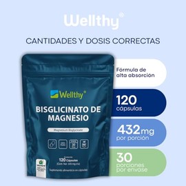 Wellthy Bisglicinato Magnesio 120 Cápsulas 432mg Elemental 100 Natural Alta Absorción Veganas Tech Bottle Free