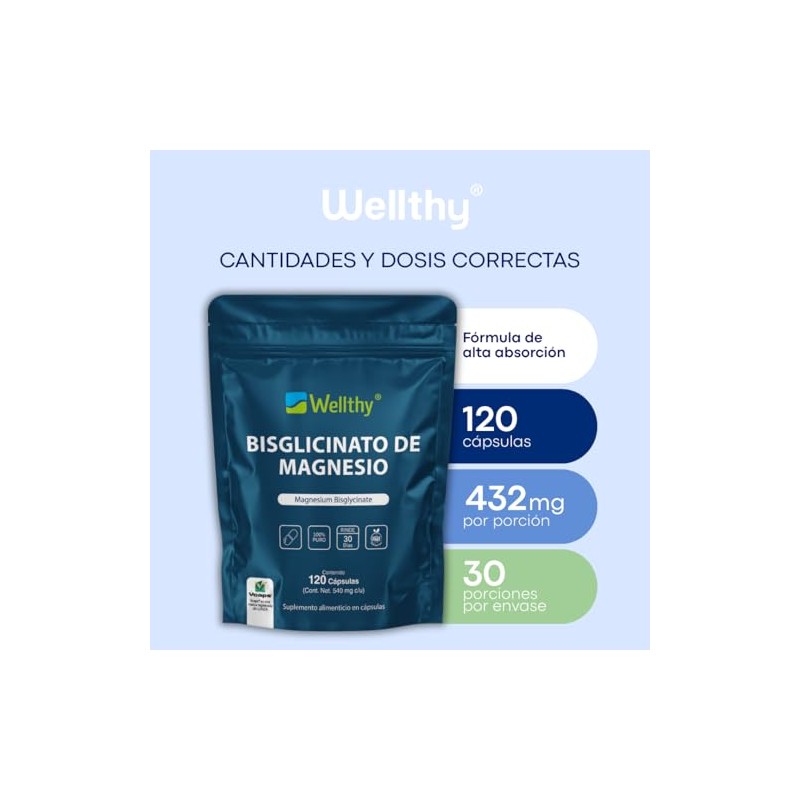 Wellthy Bisglicinato Magnesio 120 Cápsulas 432mg Elemental 100 Natural Alta