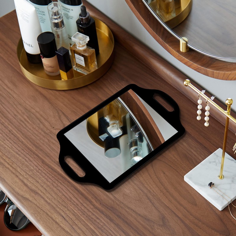 スノーフレーク ハンドル付き大型ハンドミラー - ヘアスタイリスト用サロンミラー - 長方形バーバーハンドヘルドミラー(ブラック)