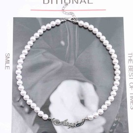 Cimenexe Bohemian Initial Pearl Necklace Choker Alphabet Angel Pendant Necklace Silver Letter Necklace Vintage Round Pearl Clavicle Necklace Chains Jewellery