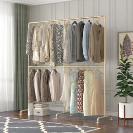 FONECHIN Industrial Pipe Clothing Rack, Double Rod Clothes Rack for Hanging Clothes, Heavy Duty Metal Garment Rack for Home Retail Boutique (Gold)