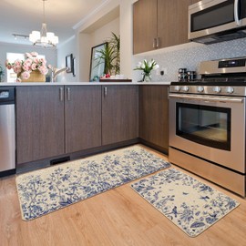 Baccessor Blue Spring Kitchen Mats Set of 2, Monochrome Sketch Birds Flowers Kitchen Rugs for Floor Non Slip Absorbent Low-Profile Seasonal Farmhouse Home Decor 17x29 and 17x47 Inch