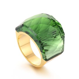 IMINI Crystal Glass Stainless Steel Band Gold-toned Plated Fashion Exaggerated CZ Rings Women's Stunning Large Statement Rhinestone Bands Cocktail Party Ring for Ladies Birthday (Green, US7=O)