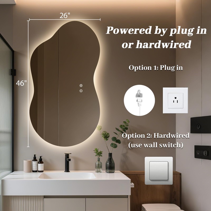 WallBeyond 46"x26" Asymmetrical LED Backlit Bathroom Mirror, Irregular Vanity Mirror