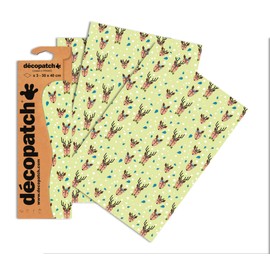 Décopatch - Ref C726O - Light Green Christmas Reindeer Print Paper Pack - Each Sheet 30 x 40cm, Pack of 3 Paper Sheets - Best Used With Décopach Glue & Varnish, Green