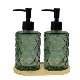 Glass Hand and Dish Soap Dispenser Set of 2 with Plastic Pumps, Bamboo Tray, 12oz Bathroom Soap Dispenser for Hand Wash & Dish Wash, Ideal for Bathroom Kitchen Countertop (Green)