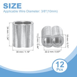 uxcell 3/8"(10mm) Aluminum Crimping Loop Sleeve, Double Hole Cable Ferrule for Wire Rope, Silver 12Pcs