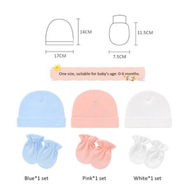 6 Caps and Gloves for Newborns, Beautiful Cotton Hats and Socks for Boys and Girls from 0 to 6 Months (Pink, Light Blue, White), Blue, blue