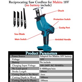 Reciprocating Saw Cordless for Makita 18V LXT Battery, Brushless Power Cordless Recipro Saw, 0-3000 RPM Variable Speed, Quick Easy Blade Change, 4 Blades for Wood/Metal/PVC Cutting(No Battery)
