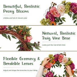 Petalyn 24in Peony Wreaths for Front Door, Large Spring Summer Floral Door Wreath with Hydrangea, All Year Round Colorful Flower Wreath for Farmhouse Wall Welcome Indoor Outdoor Decor (Twig Base)