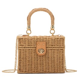 LHHMZ Women's Handwoven Rattan Square Tote Straw Basket Bag Women's Summer Beach Bag Wicker Shoulder Bag, brown