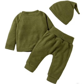 PATPAT 3pcs Newborn Baby Clothes Long Sleeve Ribbed Top Pants and Matching Hat Set Fall Winter Outfit Birthday Gift Green 18-24 Months