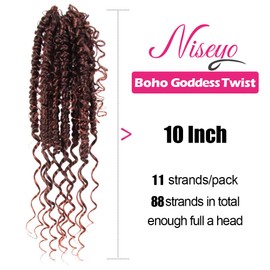 NISEYO Goddess Passion Twist Crochet Hair with Curly Ends 10 Inch, 8 Packs Boho Style Crochet Passion Twist Hair Pre looped, Short Pre-twisted Boho Braids (T350,Ombre Ginger Red)