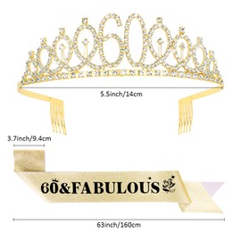 Luixenir 60th Birthday Sash and 60th Birthday Tiara, Rhinestone Crown Headband for Women, 60 and Fabulous Gold Birthday Party Supplies