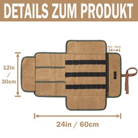 Tool Roll Bag, 16 oz Waxed Canvas Tool Set Roll, Elastic Band Slots + 9 Regular Slots, Khaki, Hand Tool Bag for Pliers, Nuts, Carpentry Tools, 60 x 30 cm