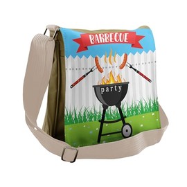 Lunarable BBQ Party Messenger Bag, Roasting Sausage Grill, Unisex Cross-body