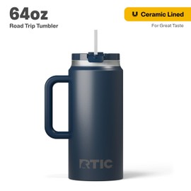 RTIC 64 oz Ceramic Lined Insulated Road Trip Tumbler, Leak-Resistant Lid, Navy