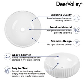 DeerValley 15.7" White Round Ceramic Vessel Sink - Modern Counter Top Porcelain Bathroom Vanity Bowl Art Basin (Without Sink Drain), DV-1V0223