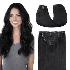 COOKAYU Clip in Hair Extensions Real Human Hair Black Remy Human Hair Clip in Extensions Jet Black Lace Clip in Extensions for Short Hair Extensions 16inch 7pcs 120g clip in for Black Women（#1-16inch）