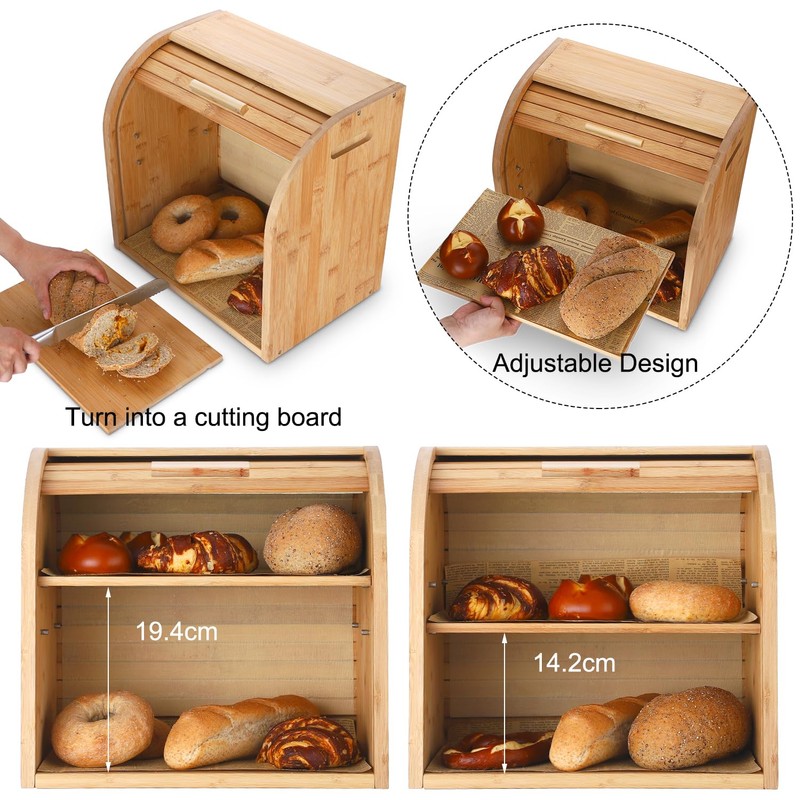 G.a HOMEFAVOR Bread Box, 2 Layer Bamboo Bread Boxes for