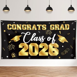 Graduation Decorations 2026 Black and Gold, Graduation Backdrop Banner 71 x 35.5 Inch, Class of 2026 Graduation Party Photo Backdrop
