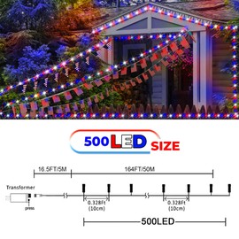 4th of July Patriotic Decoration，500 LED Red White and Blue Lights with 8 Modes，Outdoor Waterproof String Lights for Fourth of July, Memorial Day, Independence Day Decor