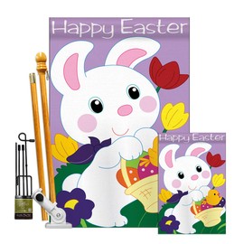 Two Group Easter Bunny Kit Spring Happy Egg Christian Season Springtime Holiday Decoration Banner Small Yard Gift Double-Sided, House & Garden Flags Set w/Flagpole, Imported
