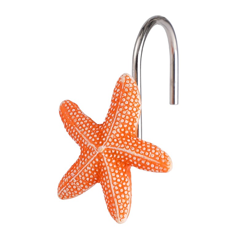Twofish Home White Shell with Orange Starfish Shower Curtain Hooks