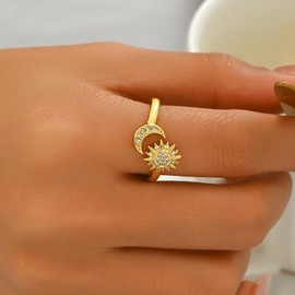 Nawflue 18K Gold Plated Moon Sun Rings for Women Adjustable Open CZ Rings with Cubic Zirconia Non Tarnish Dainty Stackable Statement Wedding Band Ring