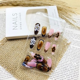 LWTZLW Brown French Tip Press on Nails Flower Medium Almond Fake Nails with Decoration Full Cover Glue on Nails White Floral Oval Acrylic False Nail Glossy Artificial Nail Reusable for Women