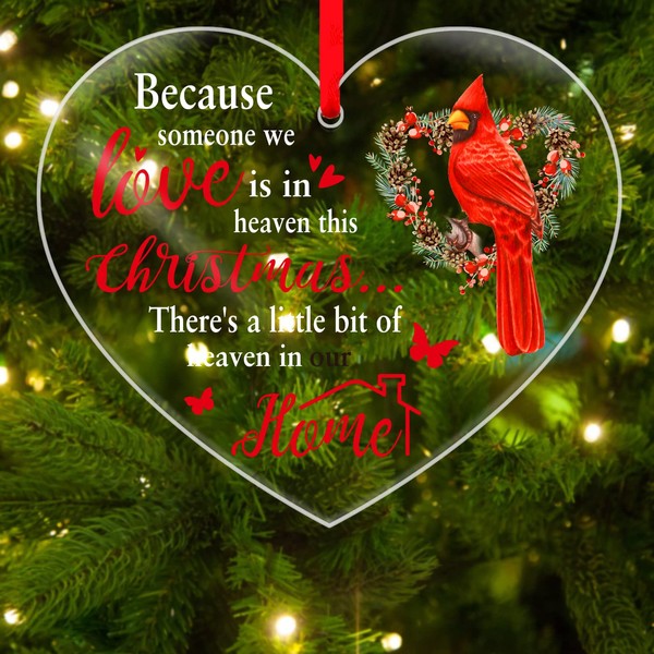 WaaHome Red Cardinal Christmas Ornaments Heart-Shape Christmas in Heaven Ornaments, in Memory of Loss Loved One Ornaments for Christmas Tree Decorations Gifts